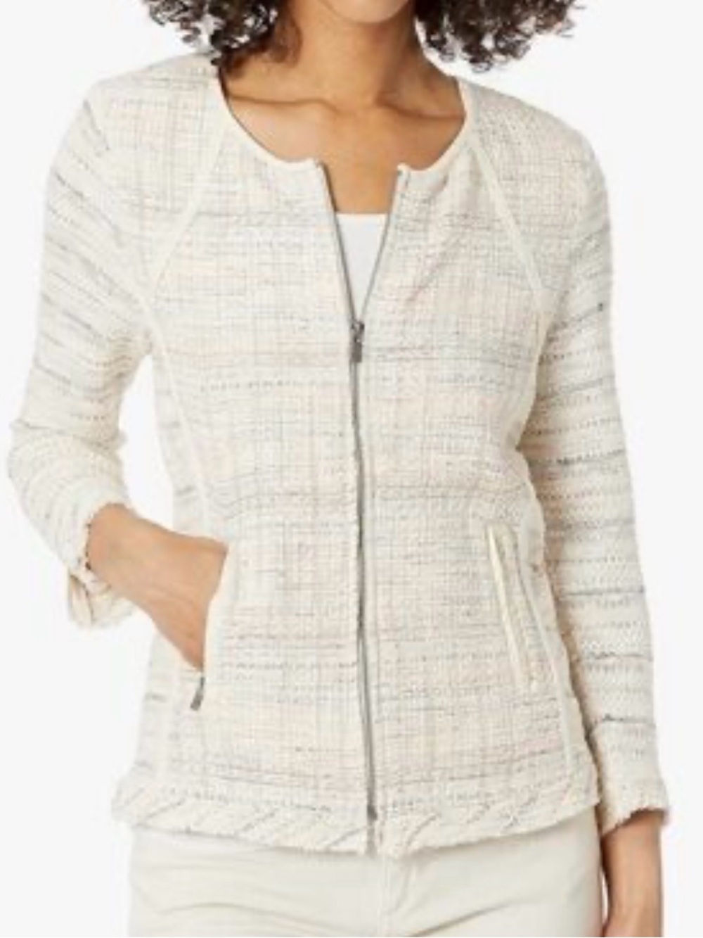 NIC+ZOE Tweed Zip Front Jacket Ivory Multicolor Size XL Textured Knit Blazer